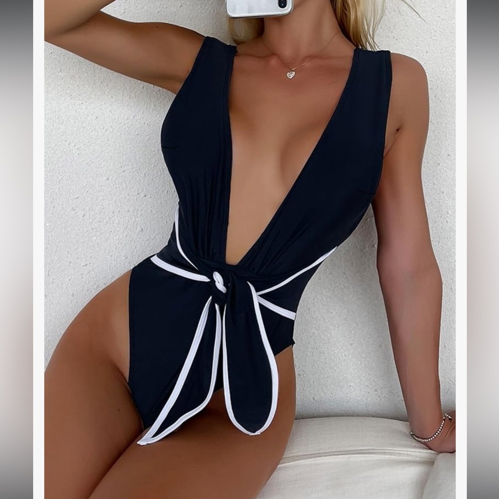 Classic Black One-Piece Swimsuit with White Tie Detail